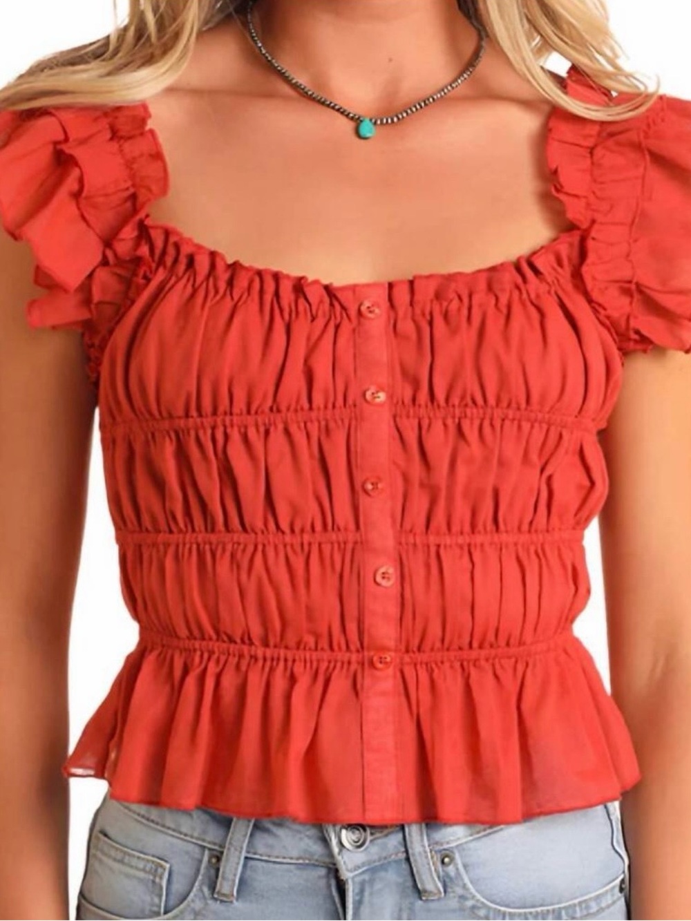 Ruched Button-Front Coral Blouse with Ruffle Straps